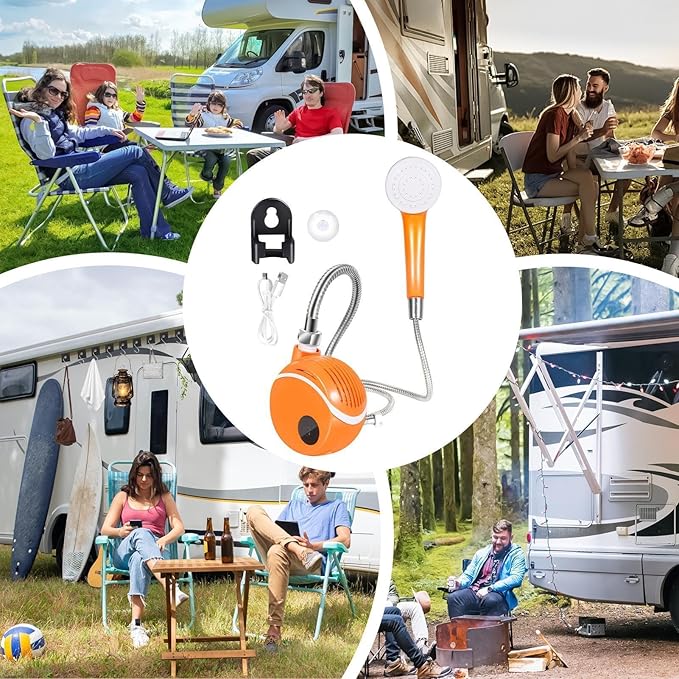 Camping Shower – 10.7x12.5x6cm ABS Orange Portable Wash System Water Pump Dispenser Spray Cleaning Device | Ideal for Car Bathing Hiking Trail Hygiene Pet Grooming Routine Outdoor Gear