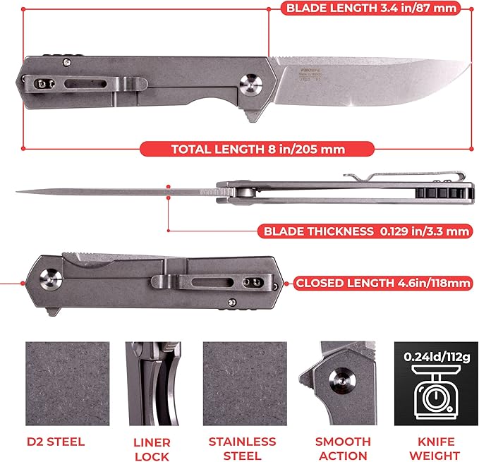 Firebird GANZO FH12-SS Pocket Folding Knife D2 Steel Blade All Steel Handle with Clip Outdoor Camping EDC Utility Pocket Knife (Grey)