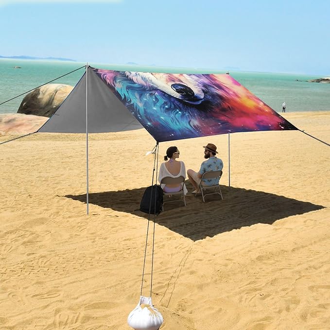 ALAZA Wolf Colorful Sky Space Galaxy Wolf Beach Tent Sun Shelter Portable Canopy Sunshade for Outdoor Camping Picnics Backyard Fun 10x9 ft