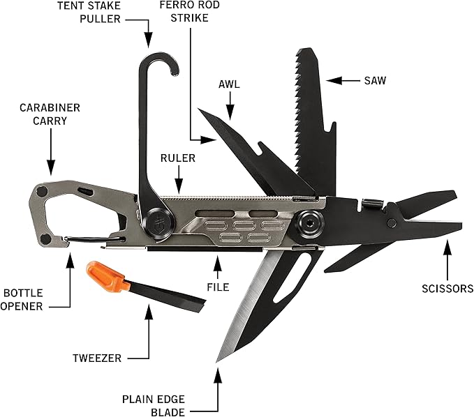 Gerber Gear Stake Out 11-in-1 Multi-tool - 2.2 Plain Edge Blade Tent Stake Puller Carabiner Carry - EDC Gear and Equipment - Graphite