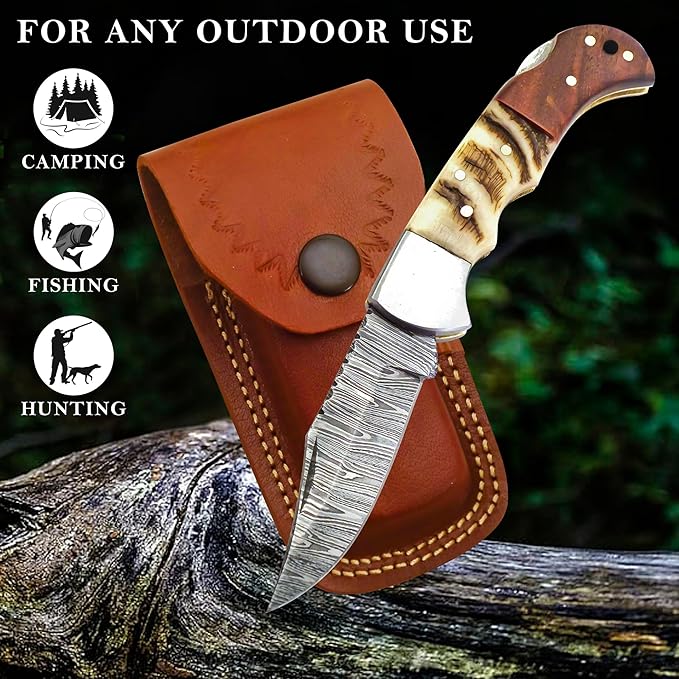Damascus Pocket Knife for Men - 6.8 Sheep Antler Knife Handle- Pocket Knives &amp Folding Knives Back Lock Mechanism - Folding Pocket knife for Camping &amp Hiking - Christmas Gift for husband boy