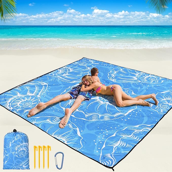 Beach Blanket Waterproof Sandproof Beach Mat 79 X 83/10'x9'for 2-8 Adults Quick Drying Outdoor Picnic Mat Beach Accessories for Travel Camping Hiking