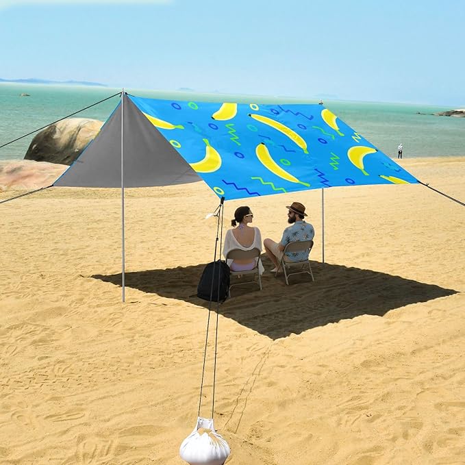 Beach Canopy with Windproof Ropes &amp Sandbags Beach Tent Sun Shade Sun Shelter for Camping Trips Fishing Backyard Fun or Picnics Banana