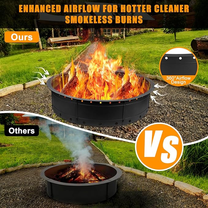36 Inch Fire Pit Ring Large Outdoor Campfire Pit for Patio Backyard Garden Smokeless Steel Firepit with Air Vent for Efficient Burning &amp Anti-Rust Coating Black Steel