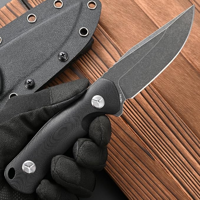 FF109 Fixed Blade Knife 14C28N Black Stonewashed Steel G10 Handle Full Tang Knife with Kydex Sheath for Outdoor Camping Hunting Working (Black)