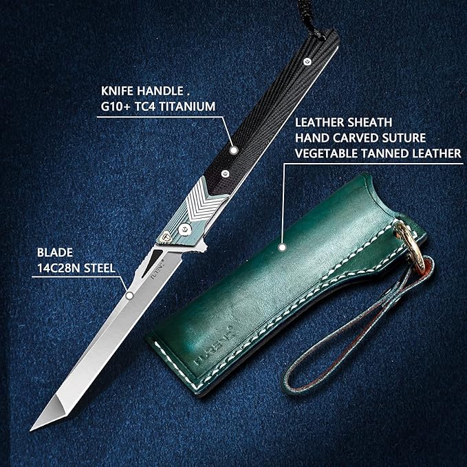 Folding Knife with Clip 14C28N Steel Tanto Blade Non-slip Titanium Alloy Handle Lightweight EDC Gentleman's Pocket Knife with Sheath for Belt