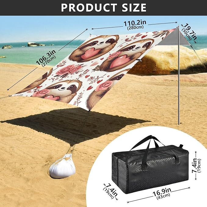 ALAZA Sloth Love Rose Pattern Beach Tent Sun Shelter Portable Canopy Sunshade for Outdoor Camping Picnics Backyard Fun 10x9 ft