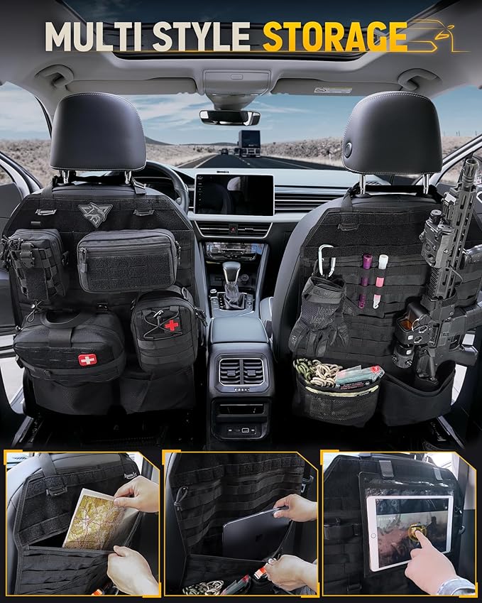 WYNEX Tactical Car Seat Back Organizer Set Vehicle Accessories Molle Panel wtih Detachable 4 Molle Pouches - First Aid EDC Admin Storage Bag for Road Trips Fits Most Cars SUVs Pickups Trucks