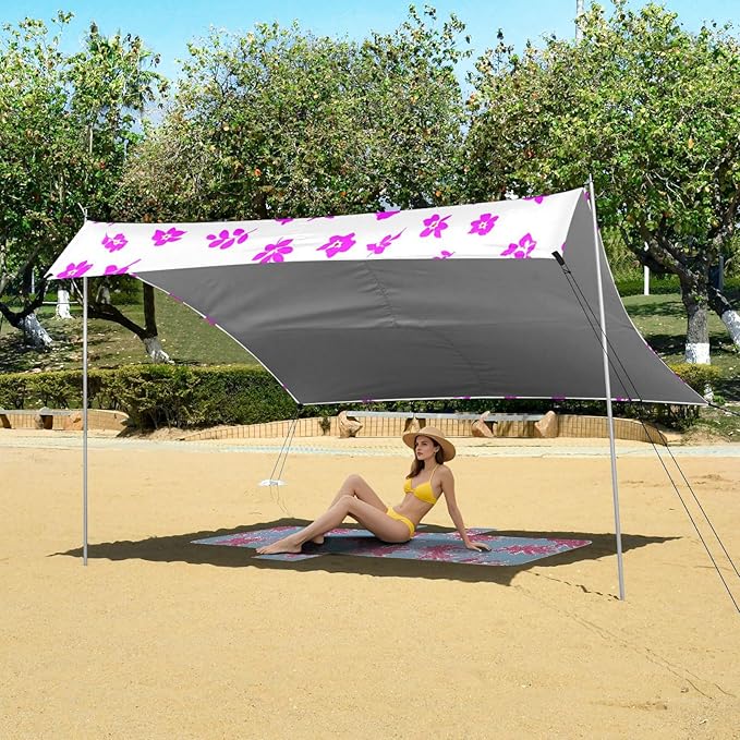 Beach Canopy with Windproof Ropes &amp Sandbags Beach Tent Sun Shade Sun Shelter for Camping Trips Fishing Backyard Fun or Picnics Flowers