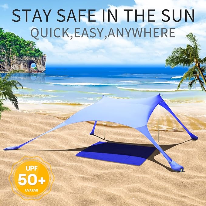 77 FT Beach Tent Sun Shelter UPF50+ UV Protection Outdoor Canopy Tent Sun Shade with 2 Poles for Camping Fishing Backyard and Picnics with Sandproof Beach Blanket Royal Blue