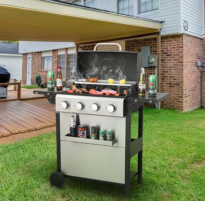 4-Burner Propane Gas Grill with 2 Foldable Side Tables 34200 BTU Outdoor BBQ Grill with Porcelain-Enameled Flame Tamers Built-in Thermometer Easy Assembly for Patio Backyard BBQ