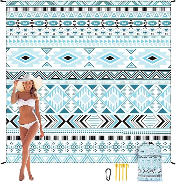 Beach Blanket Waterproof Sandproof Beach Mat 79 X 83/10'x9'for 2-8 Adults Quick Drying Outdoor Picnic Mat Beach Accessories for Travel Camping Hiking