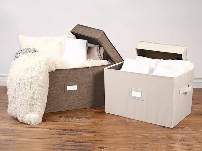 Covermates Keepsakes Storage Box Heavy Duty Polyester Organizer Bin Stackable Design Reinforced Handles ID Window Closet Garage Home Storage Beige Heather