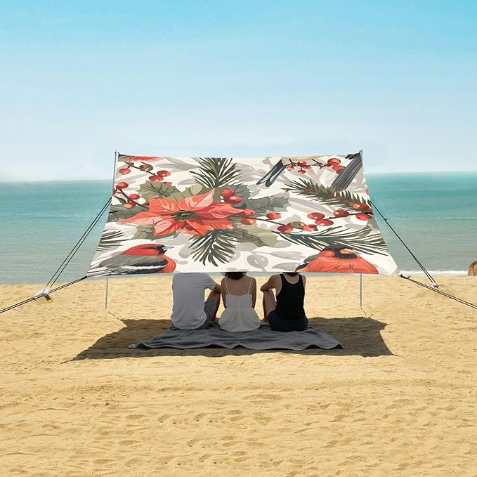 ALAZA Poinsettia Cardinal Bird Beach Tent Sun Shelter UPF50+ Protection Beach Shade Canopy w/ 4 Sandbags for Outdoor Camping Fishing Backyard Fun Picnic 10x9 ft