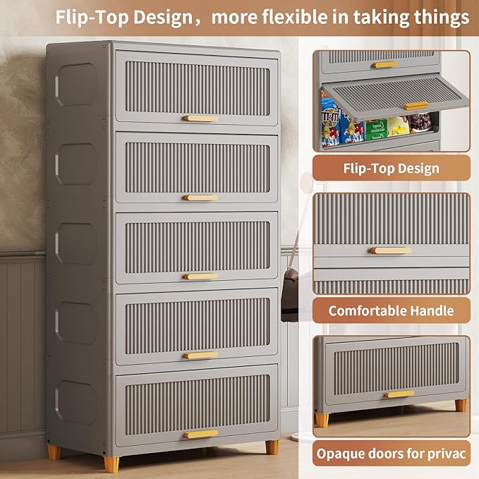 5 Tier Large Storage Bins with 1 Lid 250QT Closet Organizers and Storage Drawers Flip Open Large Plastic Storage Containers for Living Room Office Dorm (5 Tiers)