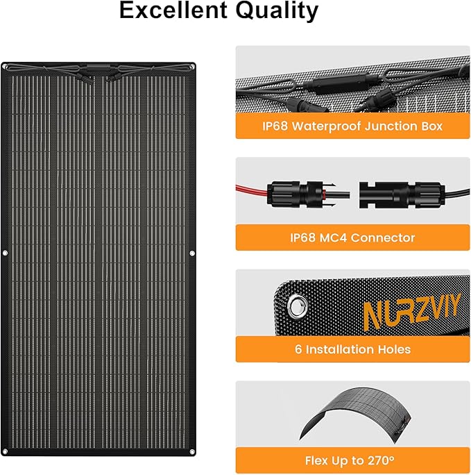 200 Watts Flexible Solar Panel N Type Portable Bendable 24 Volts 10BB Mono Cell 25.3% Efficiency for RV Camping Home Boat Marine Curve Surface Black