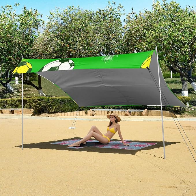 xigua Soccer Beach Tent Sun Shelter with Carrying Bag - Silver Coated Oxford Fabric Beach Canopy for Beach Camping Fishing - Includes Windproof Ropes Sandbags &amp Stakes