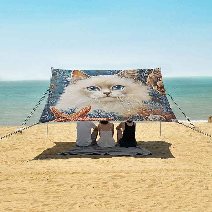 ALAZA White Cat Coral Beach Tent Sun Shelter Portable Canopy Sunshade for Outdoor Camping Picnics Backyard Fun 10x9 ft