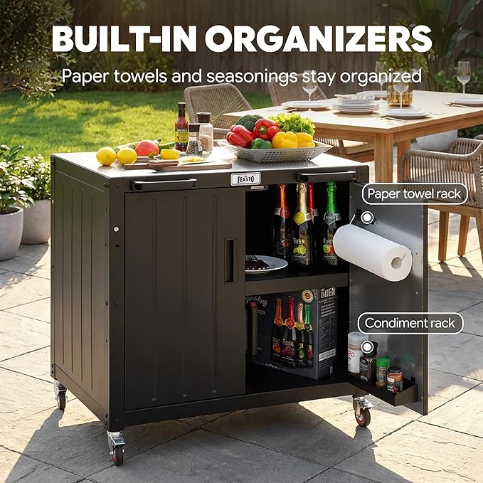 Feasto Outdoor Grill Cart with Storage Cabinet and Stainless Steel Top 35-Inch Outdoor Grill Station with Door Modular Kitchen Island for Food Prep and BBQ Black &amp Silver