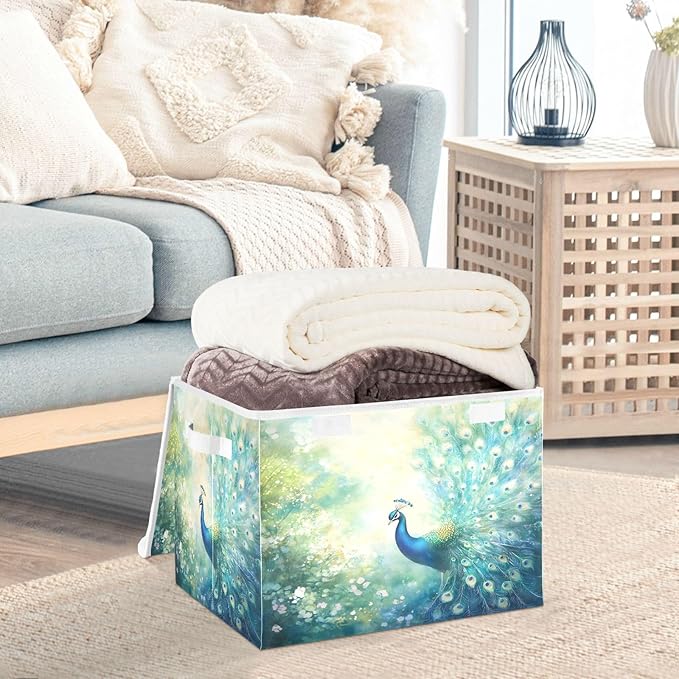 senya Baskets Collapsible Storage Bins with Lids Peacock Pattern K Storage Boxes Clothes Baskets for Organizing