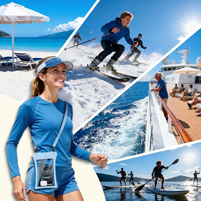 CACOE [Floatable Floating Universal IPX8 Waterproof Phone case 2 Pack-Up to 10.0Adjustable Lanyard Phone PouchDry Bags for Vacation Beach Pool Kayak Cruise Travel Essentials（White+Light Blue）