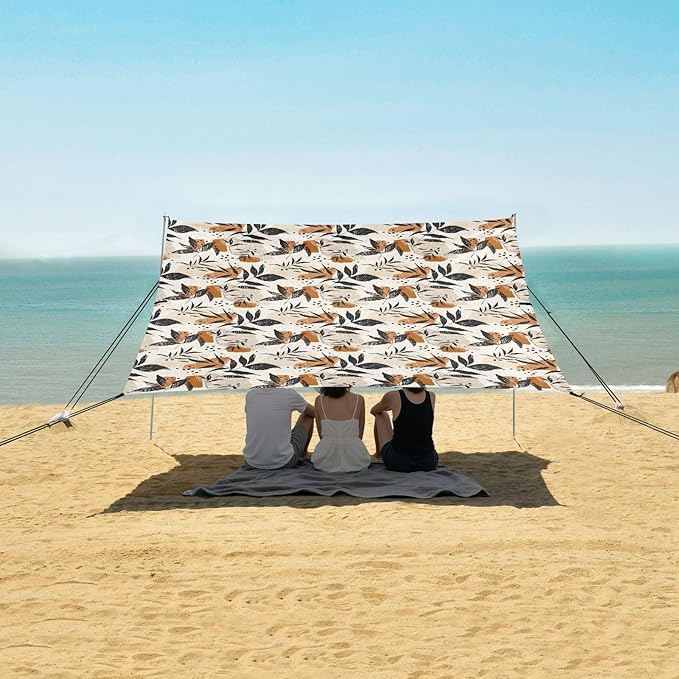 ALAZA Retro Leaves Beach Tent Sun Shelter UPF50+ Protection Beach Shade Canopy w/ 4 Sandbags for Outdoor Camping Fishing Backyard Fun Picnic 10x9 ft