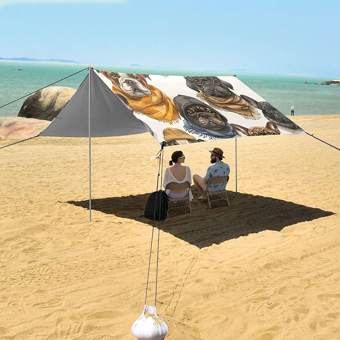 ALAZA Bulldogs with Hat Dogs Beach Tent Sun Shelter UPF50+ Protection Beach Shade Canopy w/ 4 Sandbags for Outdoor Camping Fishing Backyard Fun Picnic 10x9 ft