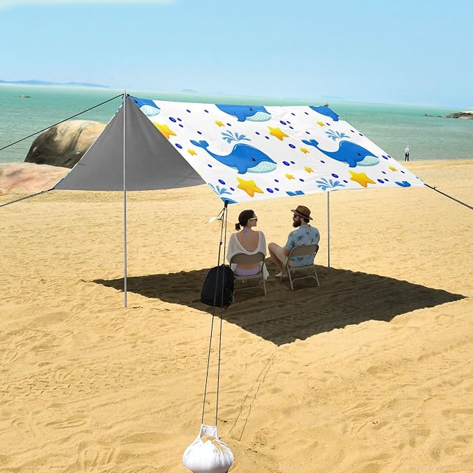 xigua Whales Beach Tent Sun Shelter with Carrying Bag - Silver Coated Oxford Fabric Beach Canopy for Beach Camping Fishing - Includes Windproof Ropes Sandbags &amp Stakes