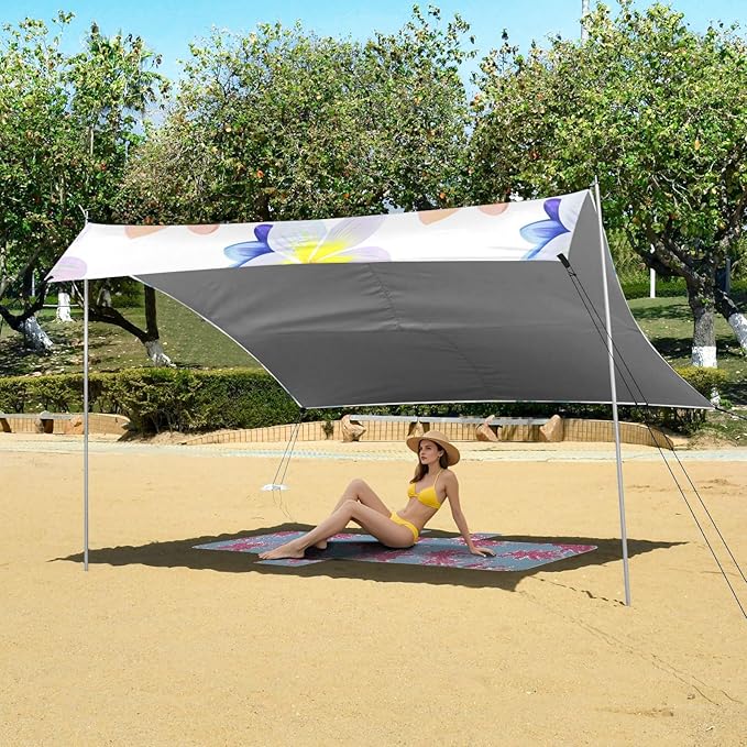 Beach Canopy with Windproof Ropes &amp Sandbags Beach Tent Sun Shade Sun Shelter for Camping Trips Fishing Backyard Fun or Picnics Plumeria Flowers