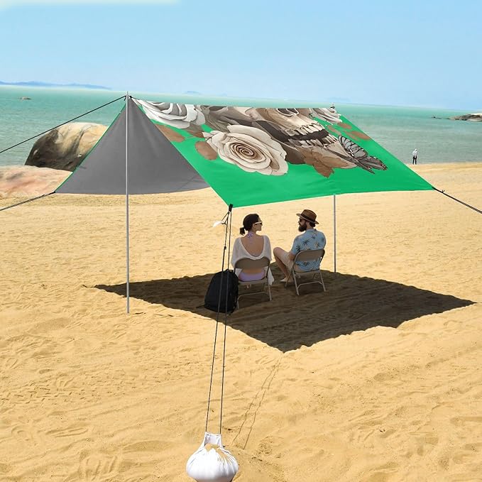 ALAZA Skull Rose Butterfly Beach Tent Sun Shelter Portable Canopy Sunshade for Outdoor Camping Picnics Backyard Fun 10x9 ft