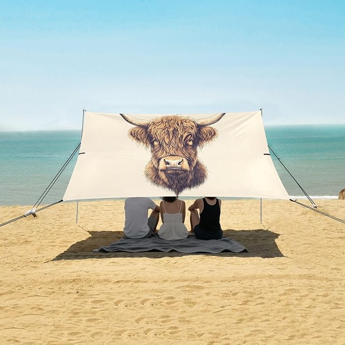 Highland Cow Portrait Beach Tent Sun Shelter Set UPF50+ UV Protection 10.5 x 9.19 FT Camping Shade Canopy with Sandbags Sand Anchors Carrying Bag and Others