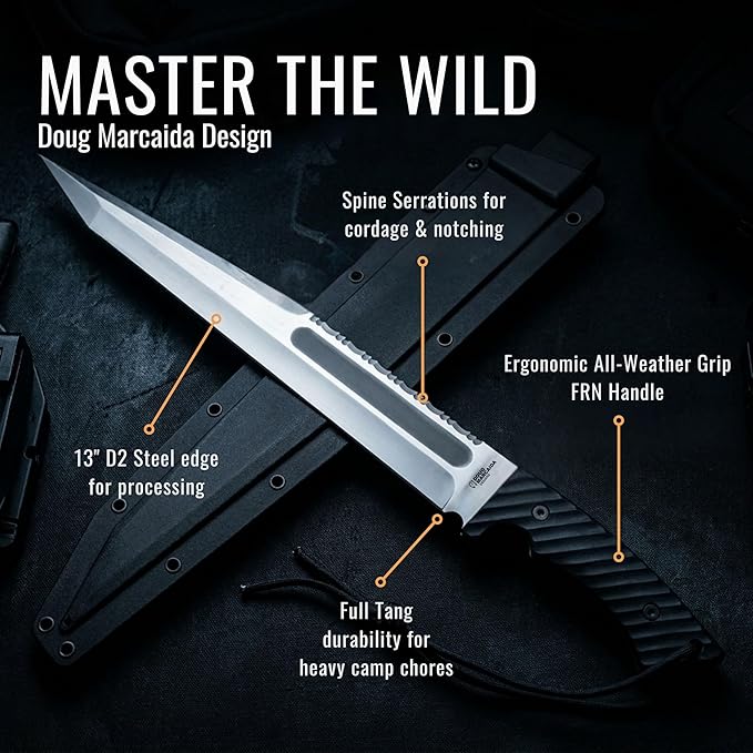 BATTLBOX BattlBolt Fixed Blade Outdoor Survival Knife Doug Marcaida Design 13in D2 Steel Blade FRN Handle Kydex Sheath - Bushcraft Camping Field Use