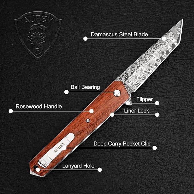 AUBEY Damascus Pocket Knife for Men Sharp Tanto Blade with VG10 Core Folding Knives with Wooden Handle and Glass Breaker for EDC Camping Gift Collection