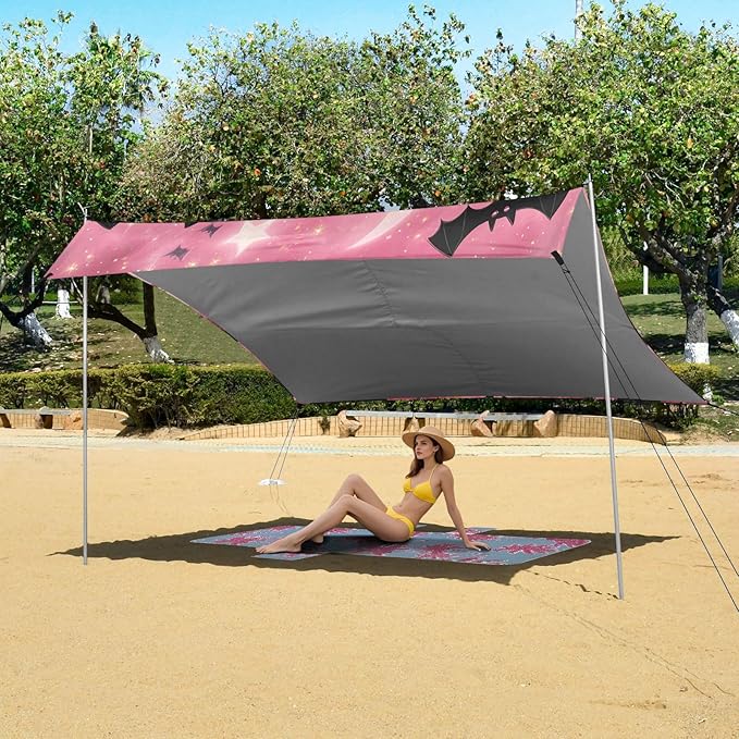ALAZA Pink Pumpkins Black Cats Halloween Beach Tent Sun Shelter UPF50+ Protection Beach Shade Canopy w/ 4 Sandbags for Outdoor Camping Fishing Backyard Fun Picnic 10x9 ft