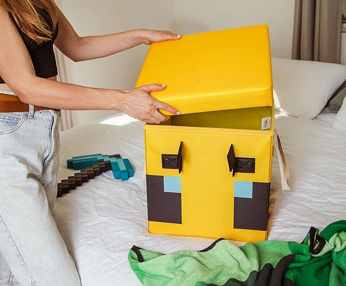 Minecraft Bee 15-Inch Storage Bin Chest with Lid | Foldable Fabric Basket Container Cube Organizer with Handles Cubby Closet Organizer | Video Game Gifts and Collectibles