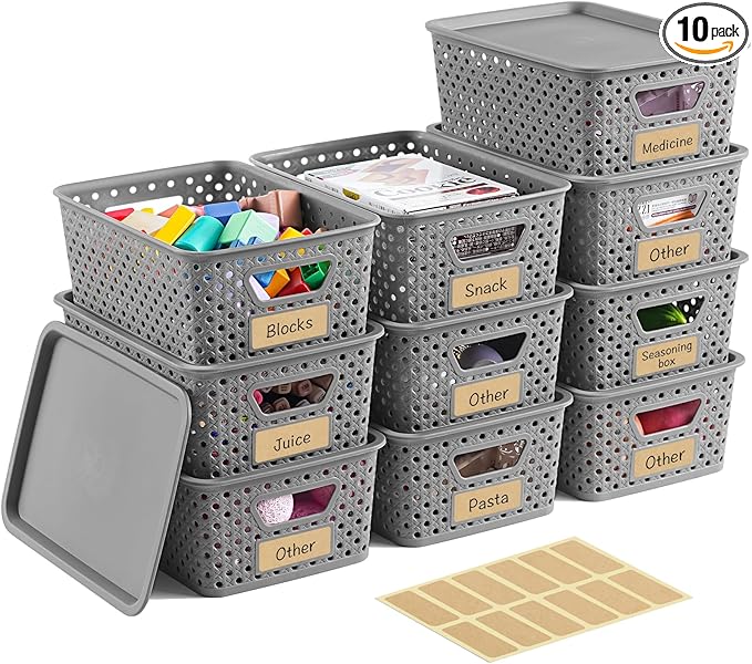 10 Pack Small Plastic Storage Bins with Lids Stackable Plastic Storage Baskets for Organizing with Handles Organizer Bins with Labels for RoomCraftContainers for Pantry Organizers and StorageGrey