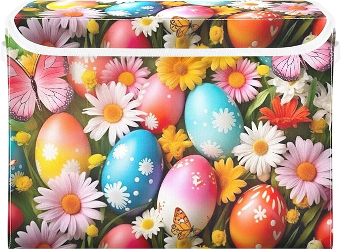 Christmas Storage Baskets with Lids Colorful Eggs and Butterflies (2) Collapsible Bins Stackable Fabric Linen Baskets Closet Organizer Container 16.5x12.6x11.8