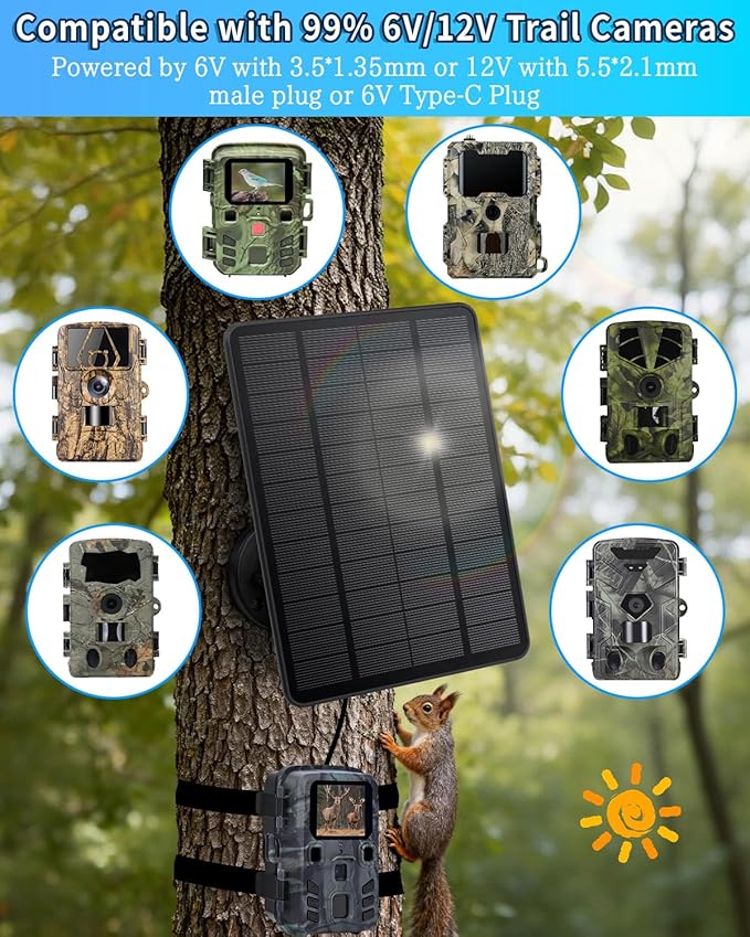 Trail Camera Solar Panel 3W Solar Panel Charger with 5000mAh Battery and 12V/1A 6V/1.5A USB-C &amp DC Port 9.8ft Cable IP65 Waterproof Solar Panel for Trail CameraGame Cameras Hunting Accessory