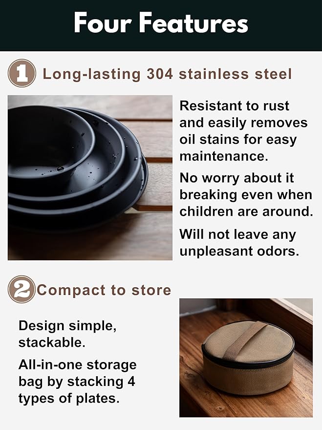 CAMPINGMOON Camping Tableware Set Stainless Steel Camping Plates Bowl Stackable Outdoor Dinnerware Canvas Carry Case Camping Hiking Picnic