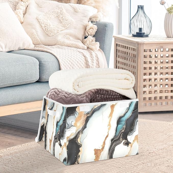 Storage Cube with Lid Gold Green Marble Print 16.5×12.6×11.8 IN 1 Pack Collapsible Large Capacity Foldable Storage Basket Bin Organizer