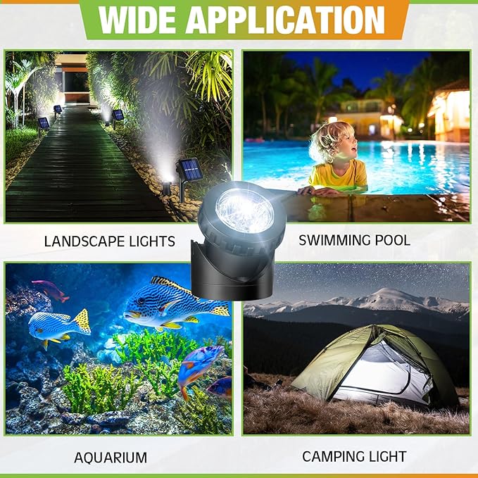 Tujoe 2 Sets Solar Spot Lights Outdoor 10.2ft Cable Landscape Lights Solar Spotlight Lawn Lights Solar Pond Lights Auto On/off 6 LED Waterproof Adjustable for Garden Yard Pool
