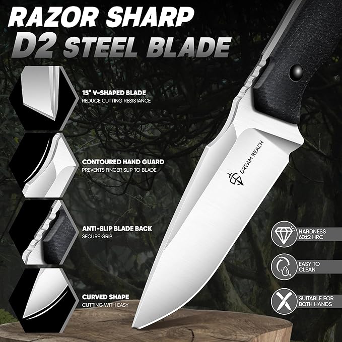 Dream Reach Fixed Blade Knife - D2 Steel Tactical Knife with Ergonomic Full Tang Handle and Kydex Sheath for Outdoor Camping Survival Gift for Men Women Black