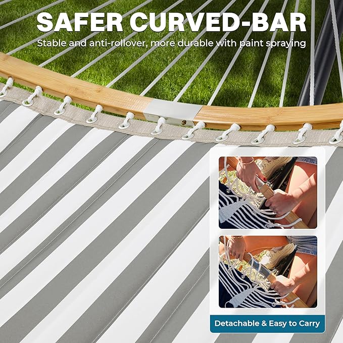 SUPERJARE Curved-Bar Hammock with Stand 2 Person Heavy Duty Hammock Frame Detachable Pillow &amp Portable Carrying Bag Perfect for Outdoor &amp Indoor Black and White Stripe