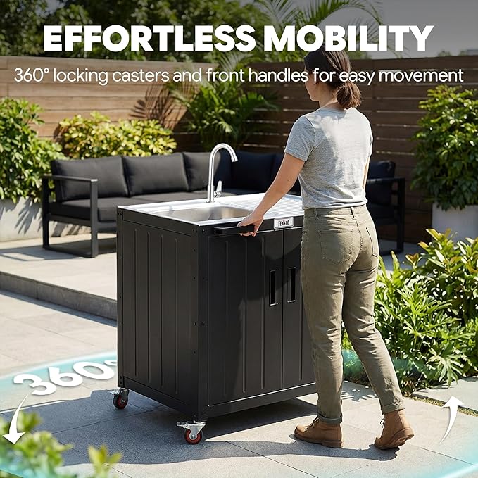Feasto Outdoor Kitchen Island with Stainless Steel Sink and Storage Cabinet 35-Inch BBQ Prep Station with Faucet &amp Lockable Wheels for Patio Backyard and Outdoor Cooking Black &amp Silver