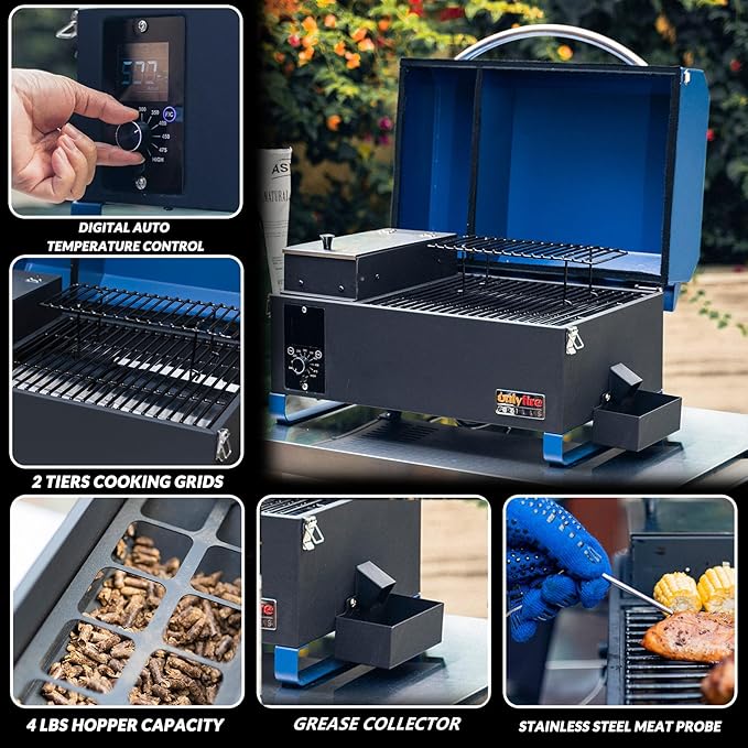 ONLYFIRE GRILLS BBQ Wood Pellet Grill Smoker with Digital Control Meat Probe &amp 2 Tiers Cooking Area Portable Tabletop Grilling Stove for BBQ Smoke Bake and Roast RV Camping Blue GS313
