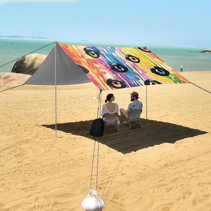 Halloween Scary Eyes Ball on Rainbow Beach Cabana UPF50 Water-Resistant Large Portable Sun Shelter with Sandbags and Shovel for Camping Picnics Backyard &amp Fishing