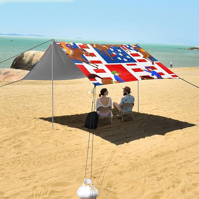 Cartoon American Cowboys Beach Tent Sun Shelter Set UPF50+ UV Protection 10.5 x 9.19 FT Camping Shade Canopy with Sandbags Sand Anchors Carrying Bag and Others
