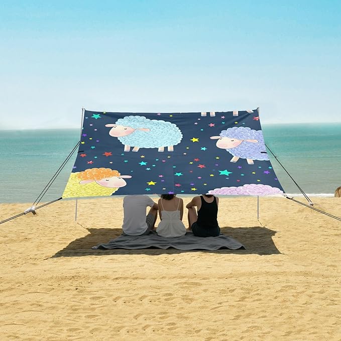 Beach Canopy with Windproof Ropes &amp Sandbags Beach Tent Sun Shade Sun Shelter for Camping Trips Fishing Backyard Fun or Picnics Sheep