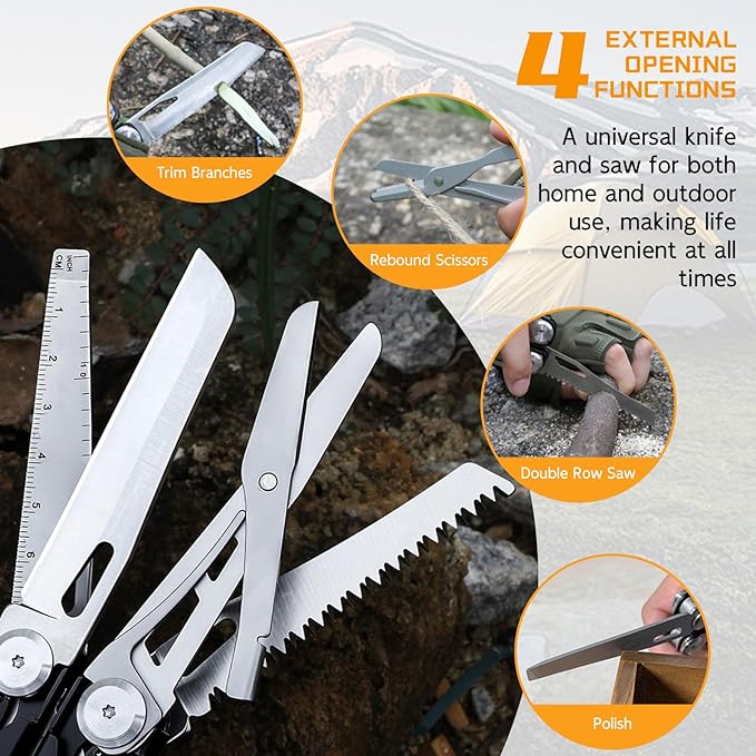 28-in-1 Multitool Pliers with ScissorsSaw ScrewdriversRope CuttersCan OpenerFileCarrying PouchStainless Steel Pocket Multi-Tool Ideal for Camping Survival Toolkit and Gift for him