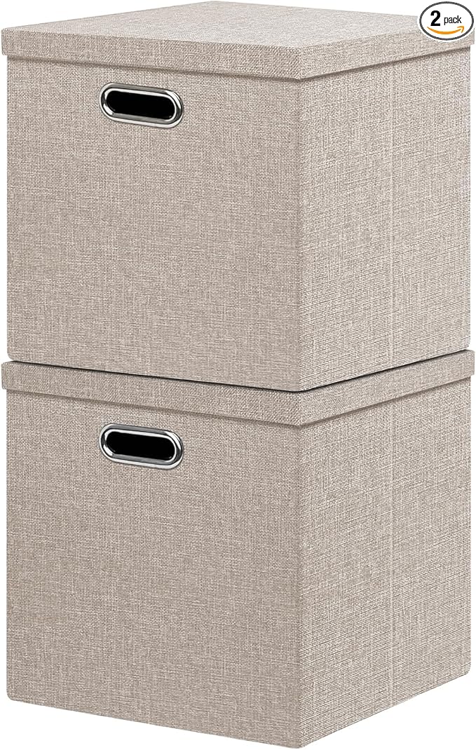 Linen Storage Bins with Lids13 x 13 Inch Foldable Fabric Cube Baskets Boxes Organizer for Closet Shelves and Home. (Beige (13x13) 2 pack)